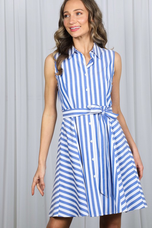 Striped Sleeveless Collared Button Down Belted Dress
