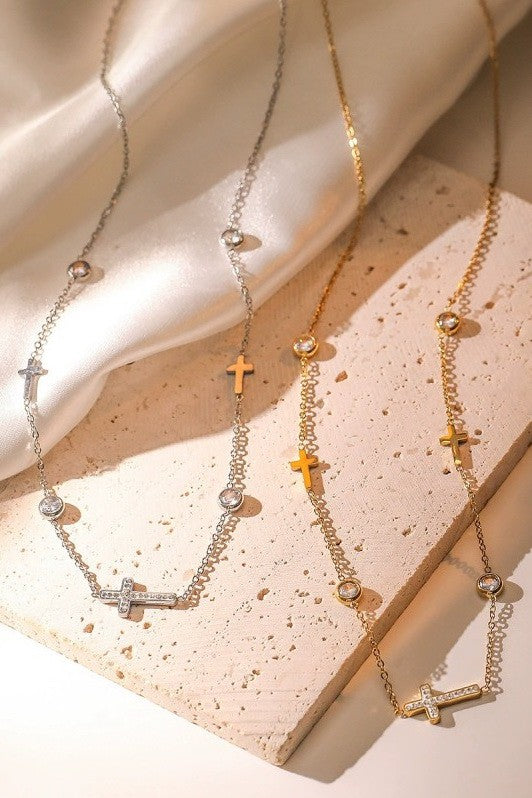 Stationary Cross & Rhinestone Circles Necklace