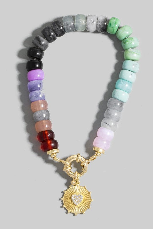 Pave Heart Coin Mixed Beaded Bracelet