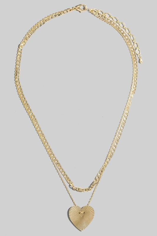 Textured Heart Layered Chain Necklace-Gold