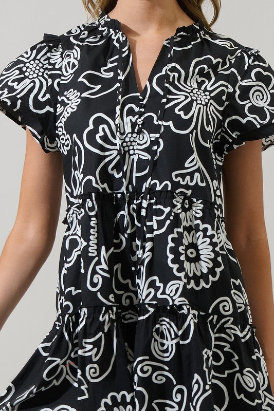 Floral Outline Layer Sleeve Tiered Dress-Black