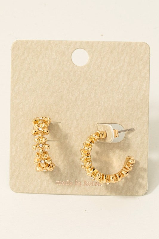 Sparkle Flower Link Hoop Earrings-Gold