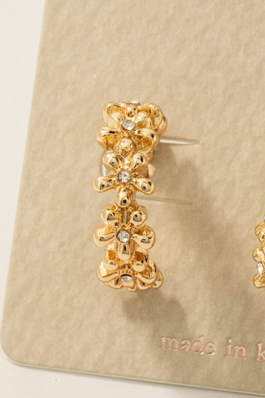 Sparkle Flower Link Hoop Earrings-Gold