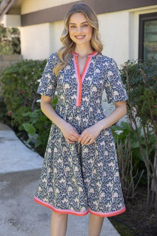 Vine Floral Print V-Neck Contrast Stripe Dress-Navy