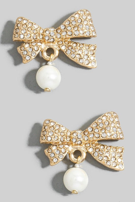 Rhinestone Pave Bow & Pearl Drop Earring