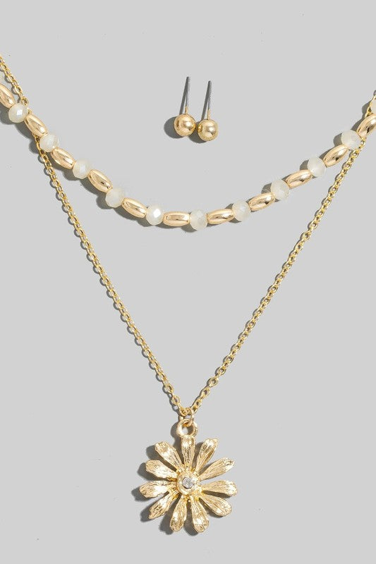 Layered Flower Charm Beaded Necklace-Natural