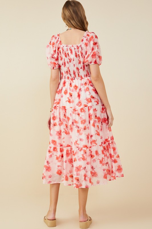 Floral Gathered Waist Square Neck Puff Sleeve Midi Dress-Pink