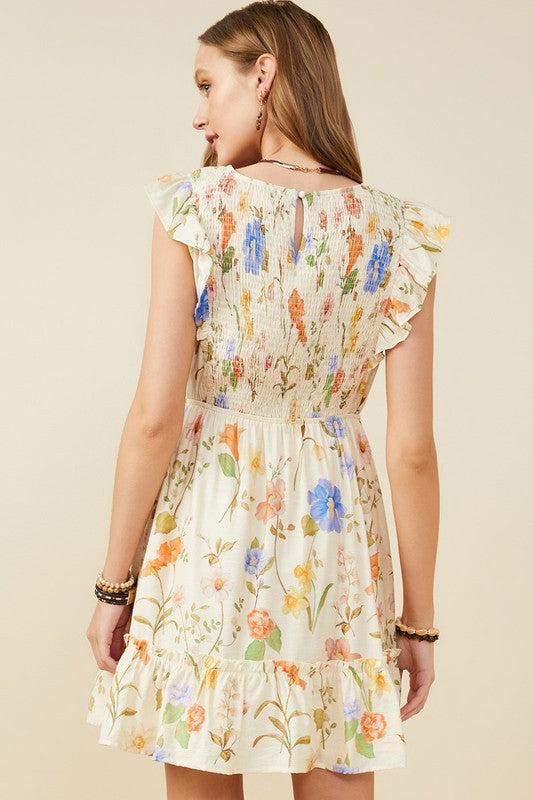 Floral Smocked Ruffle Sleeve & Hem Dress-Ivory
