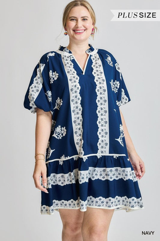 Floral & Scallop Design Puff Sleeve Dress-Navy
