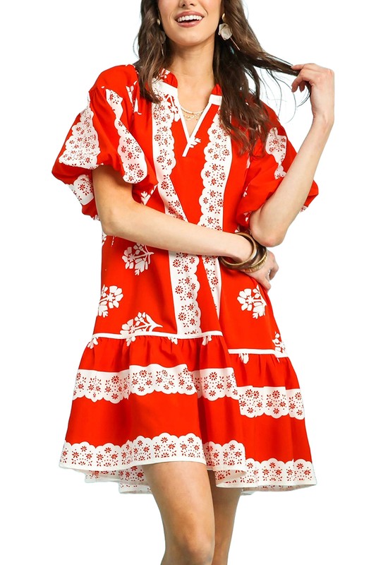 Floral & Scallop Design Puff Sleeve Dress