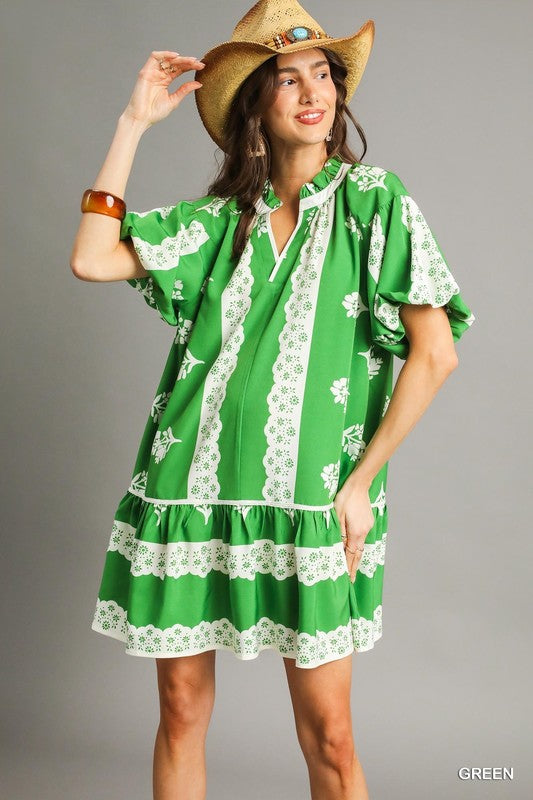 Floral & Scallop Design Puff Sleeve Dress