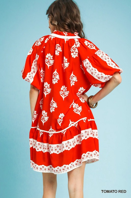 Floral & Scallop Design Puff Sleeve Dress