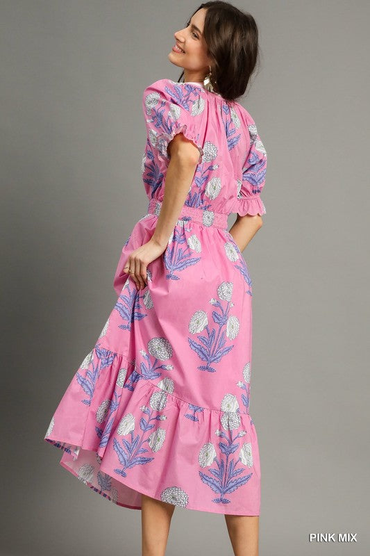 Large Spaced Floral Stripe Placket Midi Dress-Lt Pink