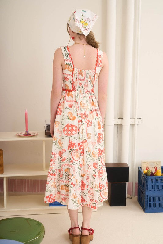 Picnic Print Scallop Trim Sleeveless Midi Dress
