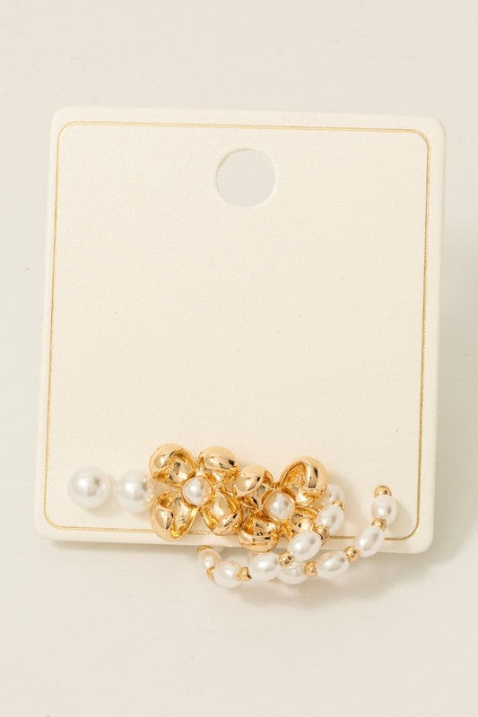 Pearl Stud, Flower & Hoop Set of 3 Earrings