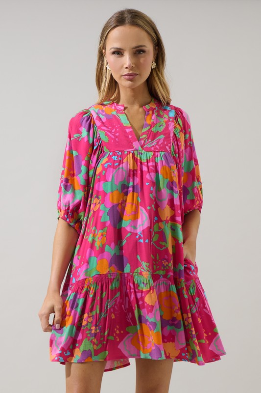 Floral Balloon Sleeve Split Neck Dress- Fuchsia