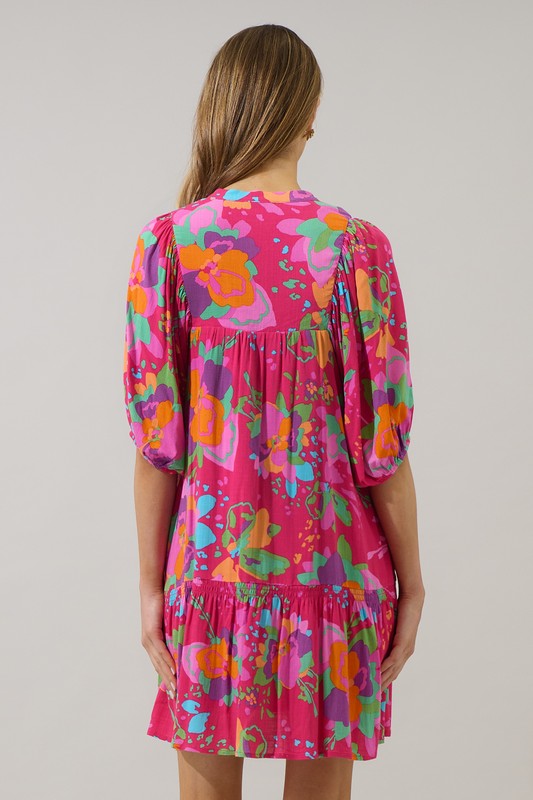 Floral Balloon Sleeve Split Neck Dress- Fuchsia
