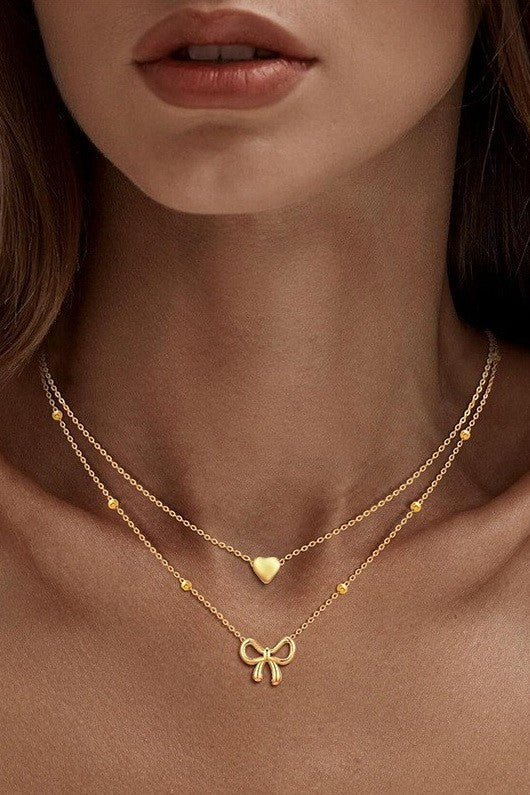 Layered Heart & Bow Necklace-Gold