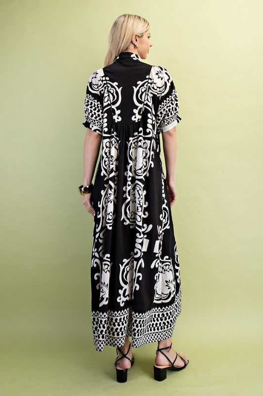 Border Print Smocked Yoke Puff Sleeve Midi Dress-Black