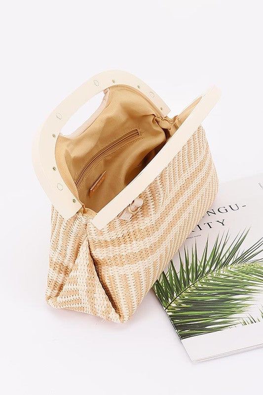Striped Straw Wood Frame Clutch