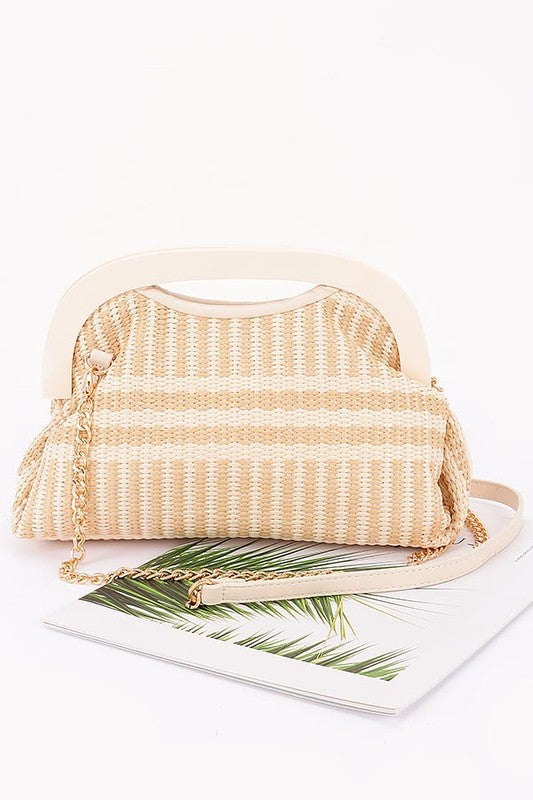 Striped Straw Wood Frame Clutch