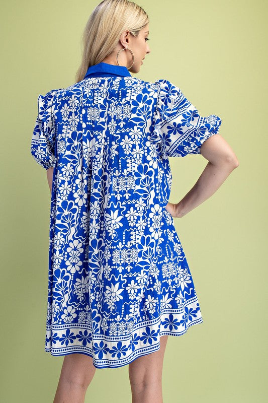 Floral Border Print Button Down Collared Puff Sleeve Dress