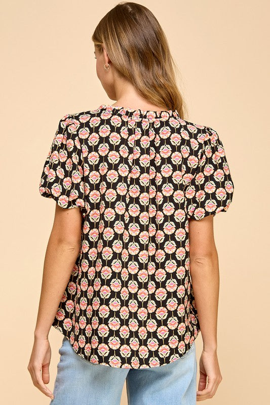 Geo Floral V-Neck Puff Sleeve Top-Black