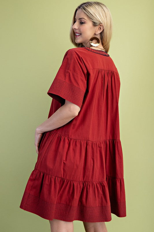 Solid Whip Stitch U-Neck Striped Sleeve Dress