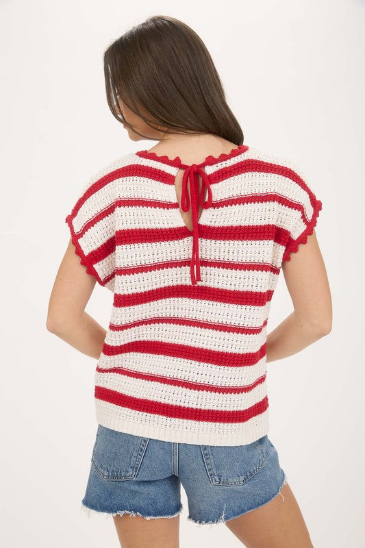 Striped Scallop Trim Tie Back Short Sleeve Sweater