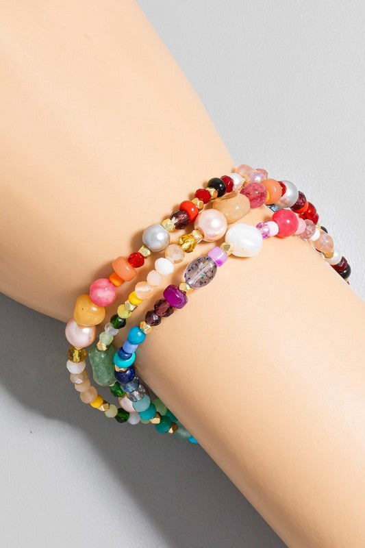 Pearl & Assorted Stone Beaded Bracelet Set-Multi