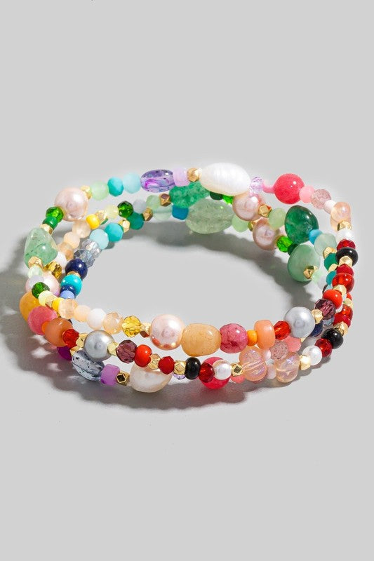 Pearl & Assorted Stone Beaded Bracelet Set-Multi