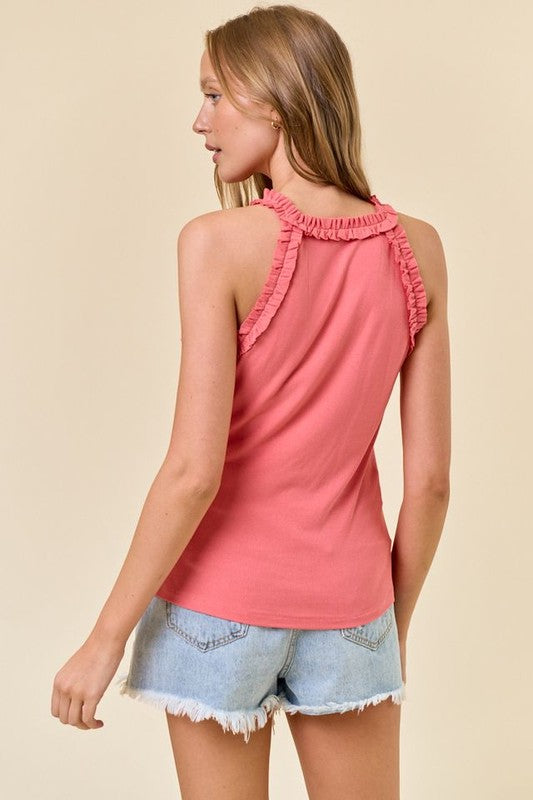 Thin Ruffle Trim Strap Ribbed Tank Top