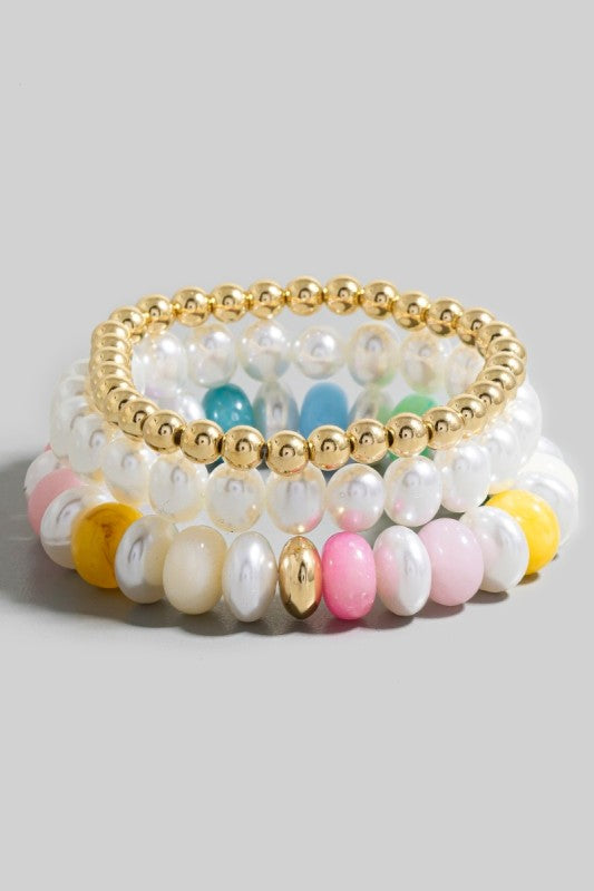 Chunky Disk Bead & Pearl Bracelet Set-Multi