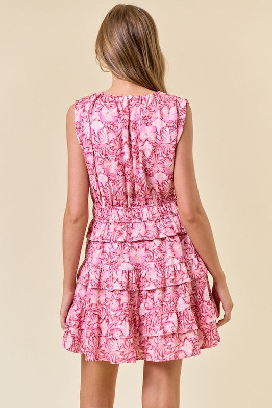 Floral Sleeveless Surplice Ruffle Layer Dress-Pink
