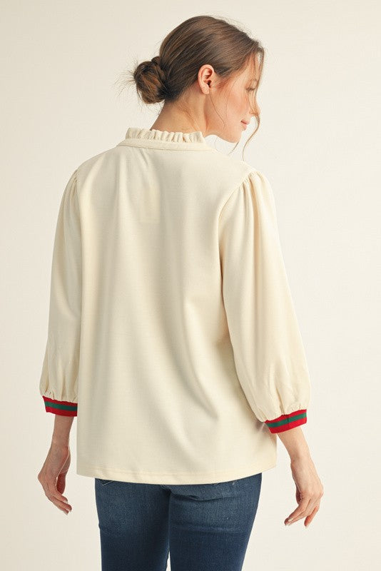 Solid 3/4 Sleeve Ruffle Stripe Contrast Neck Top-Ivory