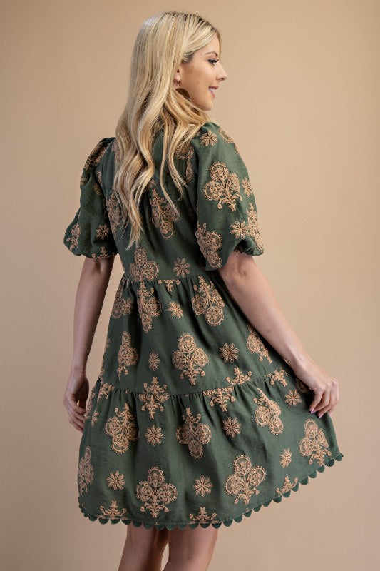 Flower Medallion Puff Sleeve Scallop Trim Dress-Olive
