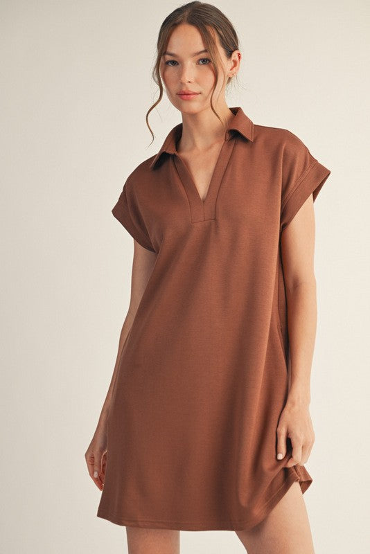 Solid Collared V-Neck Pleat Back Dress