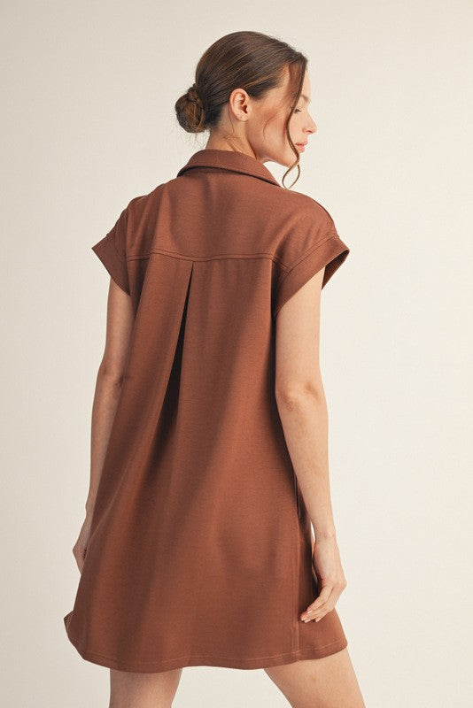 Solid Collared V-Neck Pleat Back Dress