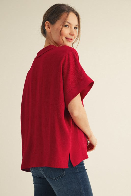 Solid Collared V-Neck Dolman Sleeve Top -Fall