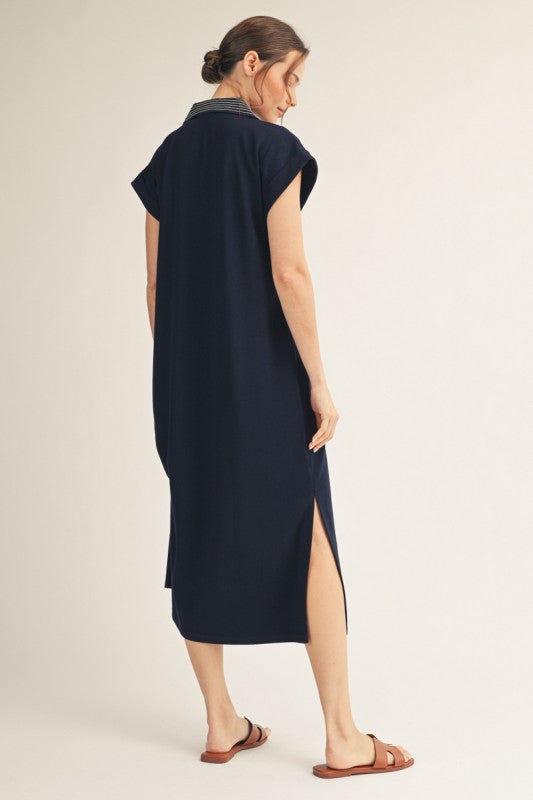 Solid Contrast Stitched Collared Side Slit Midi Dress