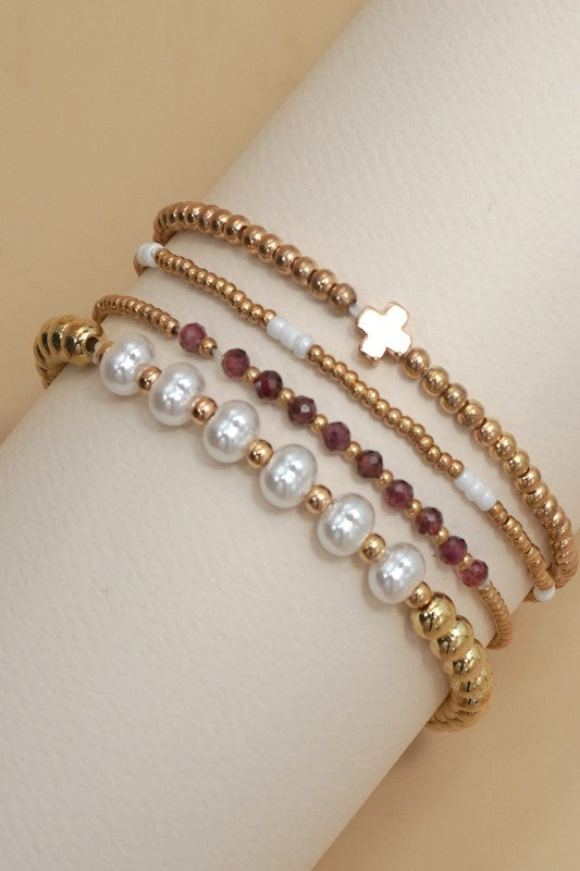 Pearl Ball Bead Cross Bracelet Set