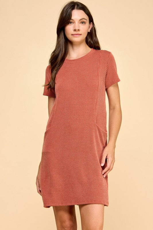 Solid Ribbed Side Pocket Crew Neck Dress-Fall