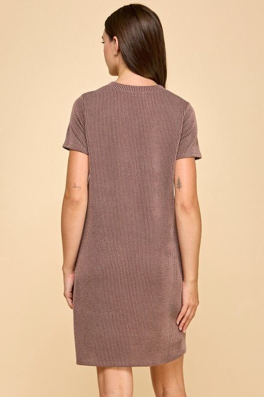 Solid Ribbed Side Pocket Crew Neck Dress-Fall