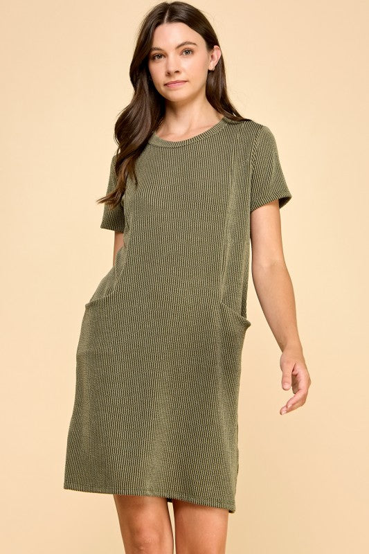 Solid Ribbed Side Pocket Crew Neck Dress-Fall