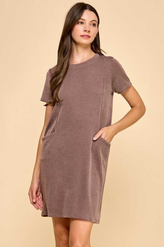 Solid Ribbed Side Pocket Crew Neck Dress-Fall