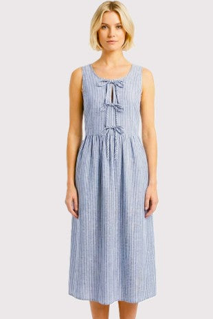 Sleeveless Pinstripe Bow Ties Midi Dress-Blue
