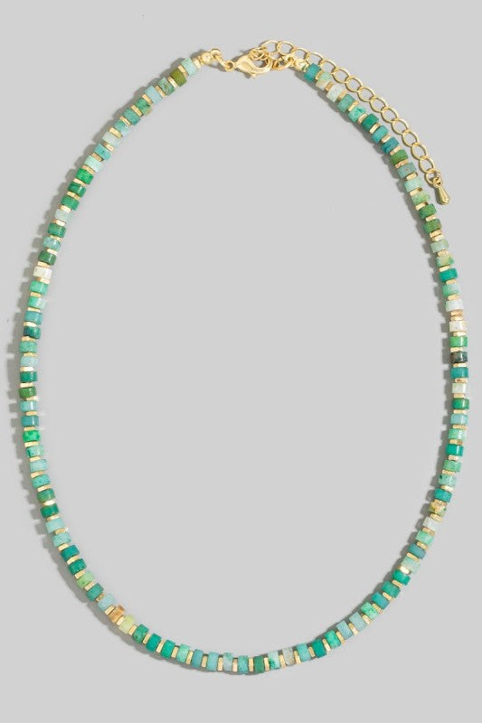 Square Metal Disk & Stone Beaded Necklace