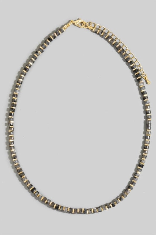 Square Metal Disk & Stone Beaded Necklace