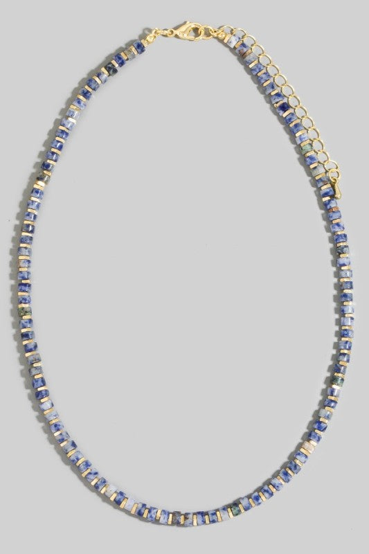 Square Metal Disk & Stone Beaded Necklace