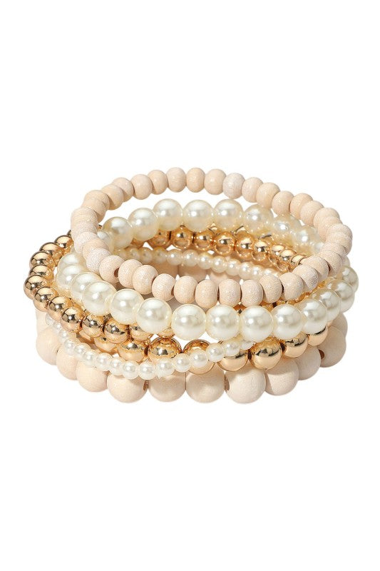 Wood & Pearl Ball Bead Bracelet Set